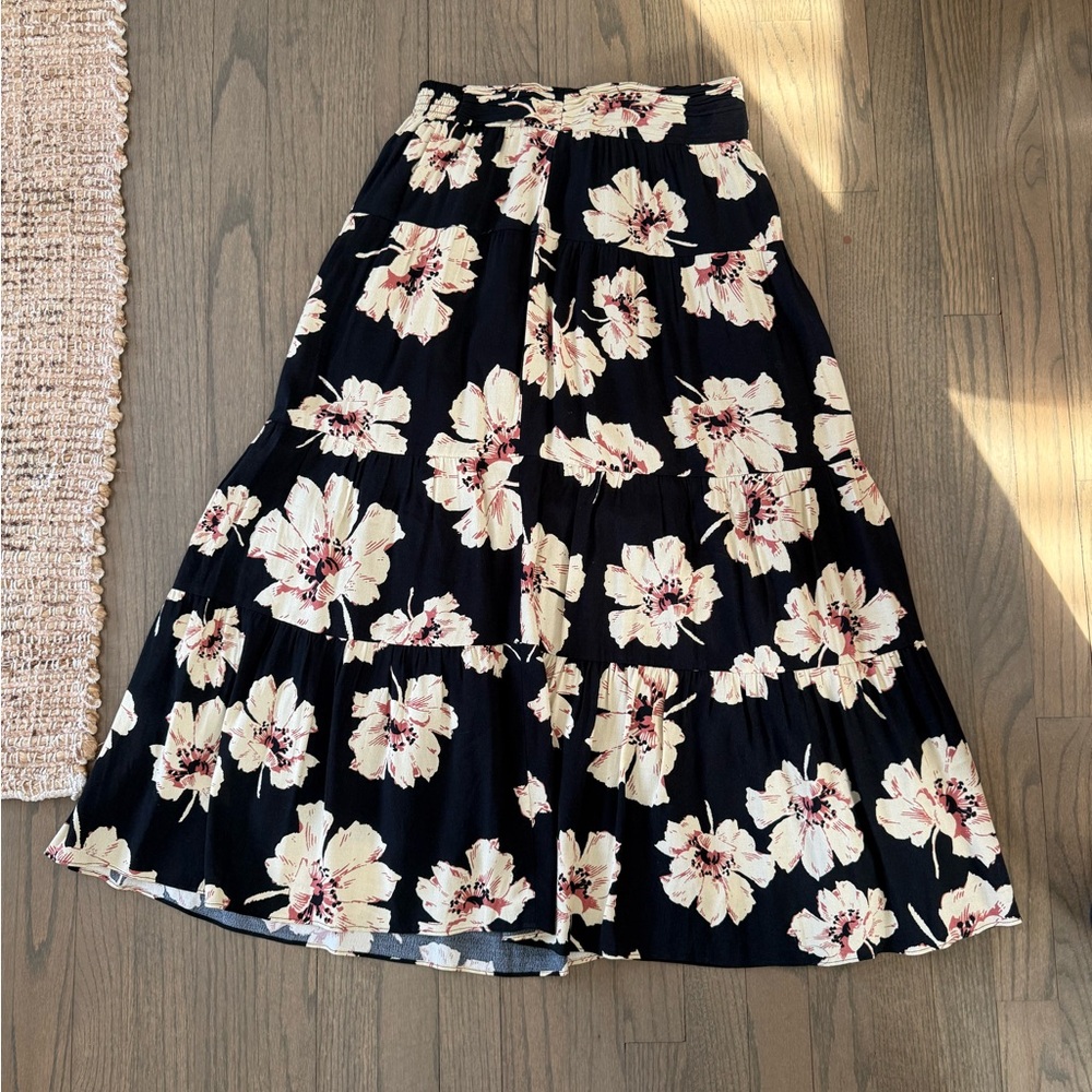 ba&sh Black and Cream Floral A-Line Skirt